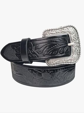New Western Style Silvertone Belt Buckle with Black Embossed Belt 32"L